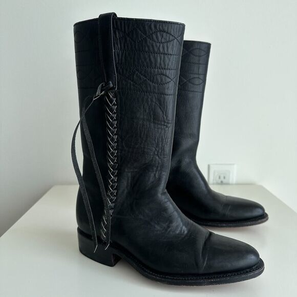 German Botas Leather Boots Size 25 Black Braided Fringe Riding Marching Stitch